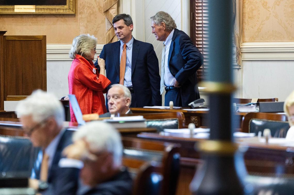 Senator Katrina Shealy, R-Lexington, Senate Majority Leader Shane Massey, R-Edgefield, and Senator Harvey Peeler, R-Cherokee, speaks as the senate debates a bill that would ban abortion after six weeks on Tuesday, May 23, 2023.