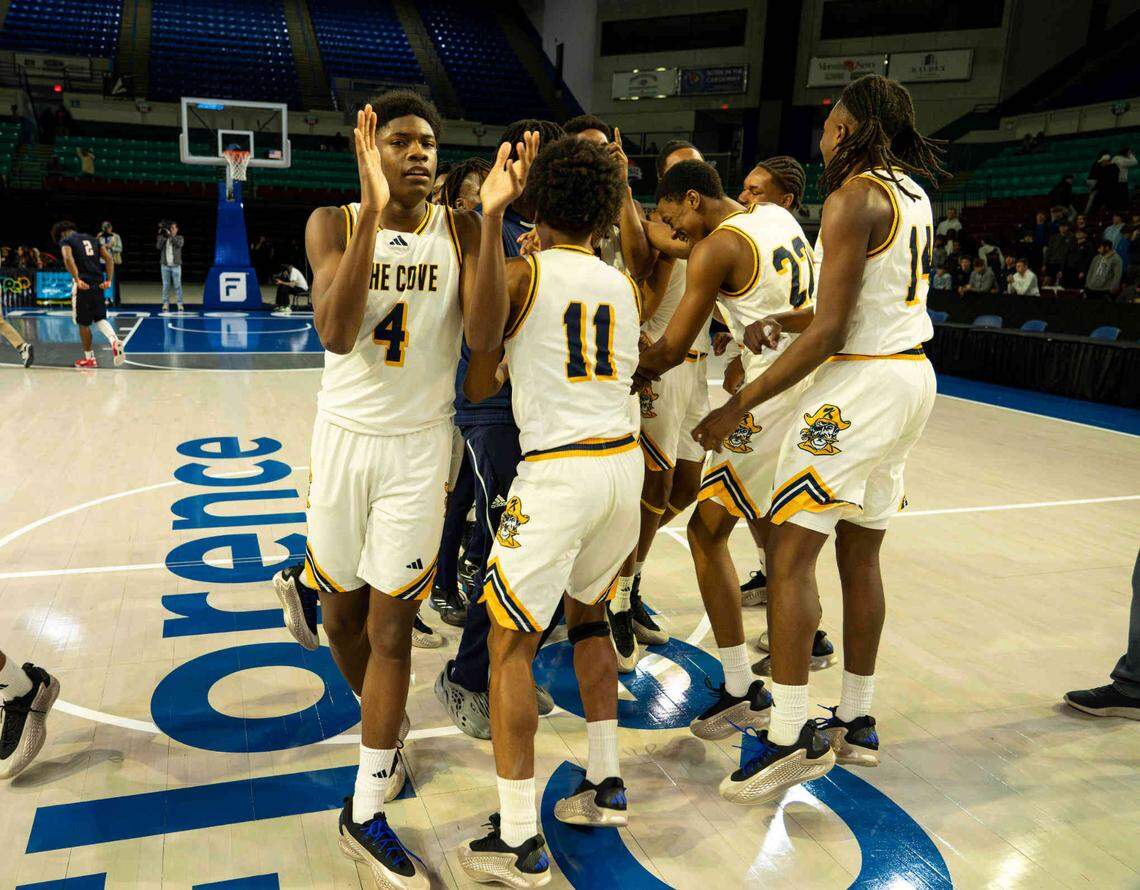 Keenan forward Antoine Caughman Jr (4) celebrates with his teammates after winning theClass 3A State Championship on March 6, 2025 in Florence, South Carolina.
