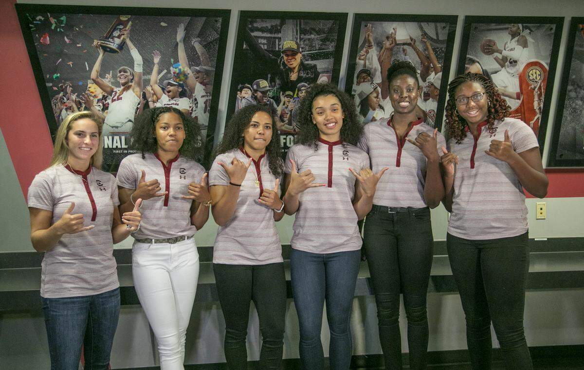 From July 2, 2019: The USC women’s basketball class of newcomers, pictured from left, are; Olivia Thompson, Zia Cooke, Destiny Littleton, Brea Beal, Laetica Amihere and Aliyah Boston. Littleton transferred to Southern Cal this offseason.