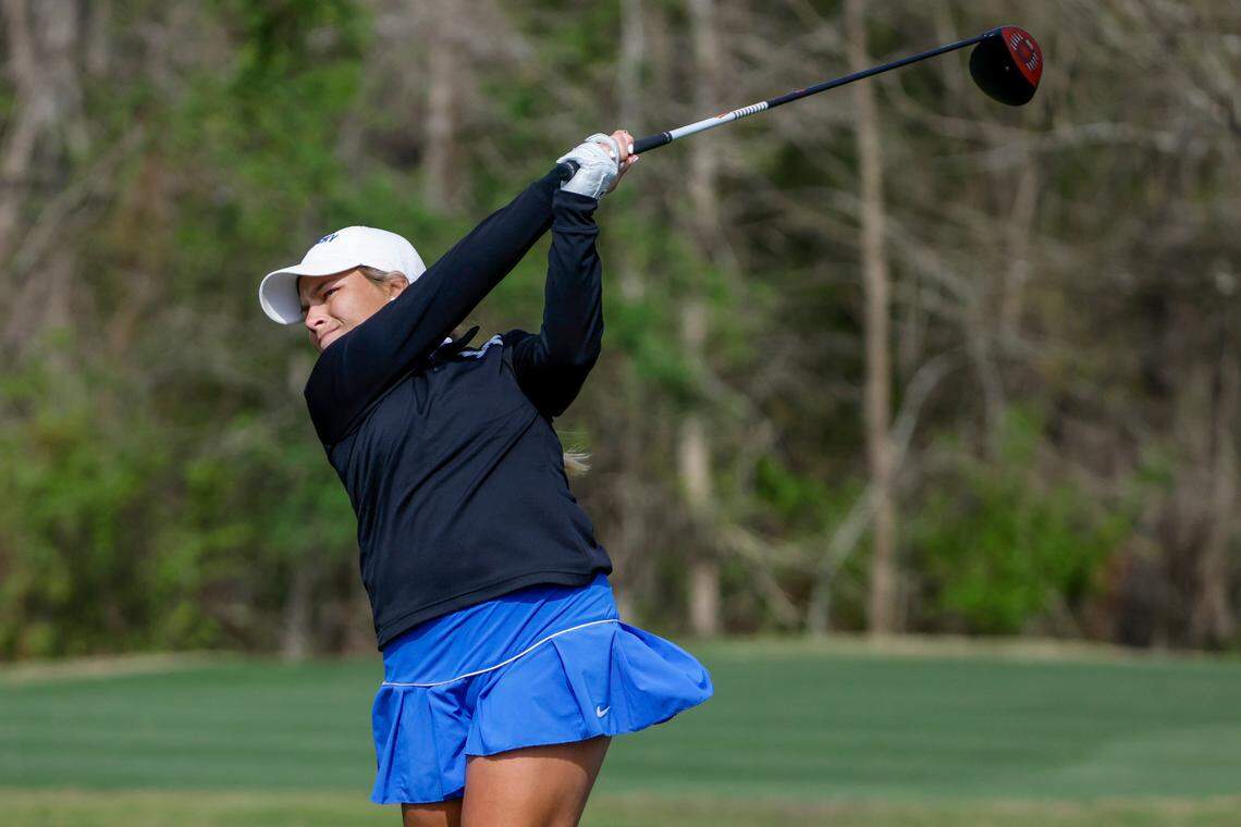 Jensen Castle of the United States plays her stroke from the No. 5 tee during a practice round prior to the Augusta National Women’s Amateur at Champions Retreat Golf Club, Tuesday, March 29, 2022.