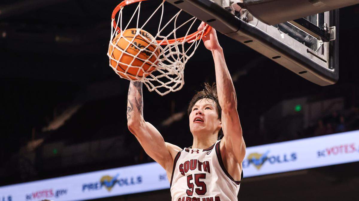 South Carolina guard Mike Sharavjamts (55) dunks during the Gamecocks’ game against The Citadel at Colonial Life Arena in Columbia on Saturday, December 13, 2025.