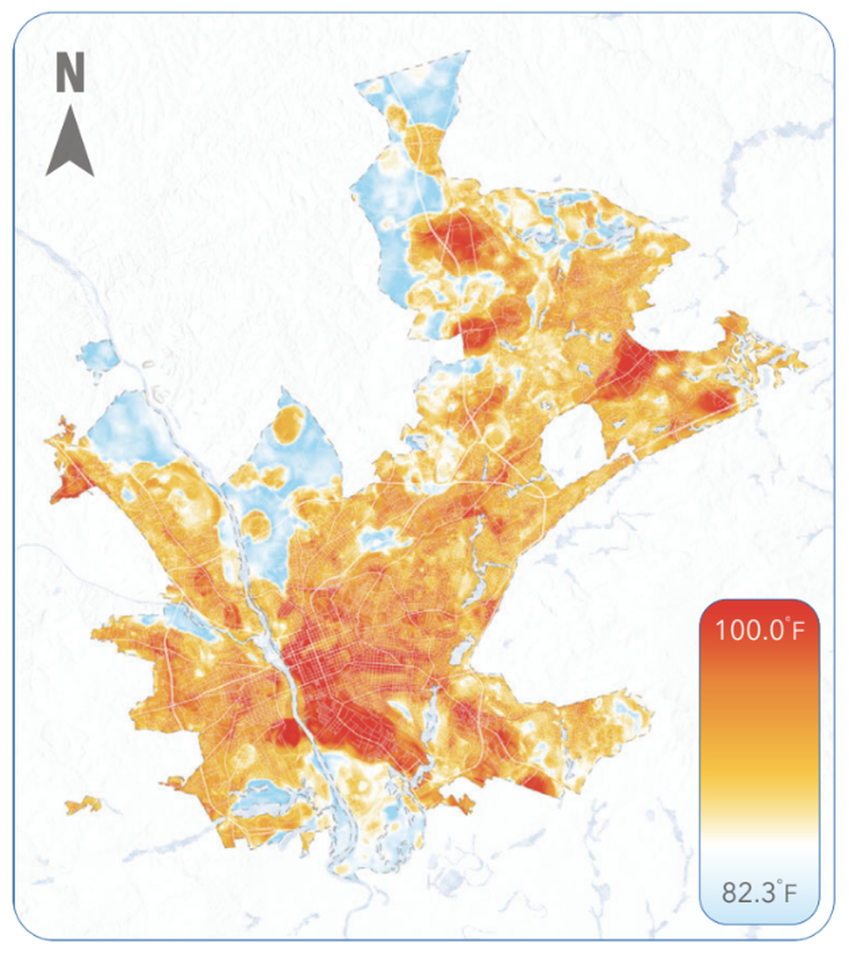 An afternoon temperature map of Columbia, South Carolina from a study by National Integrated Heat Health Information System.