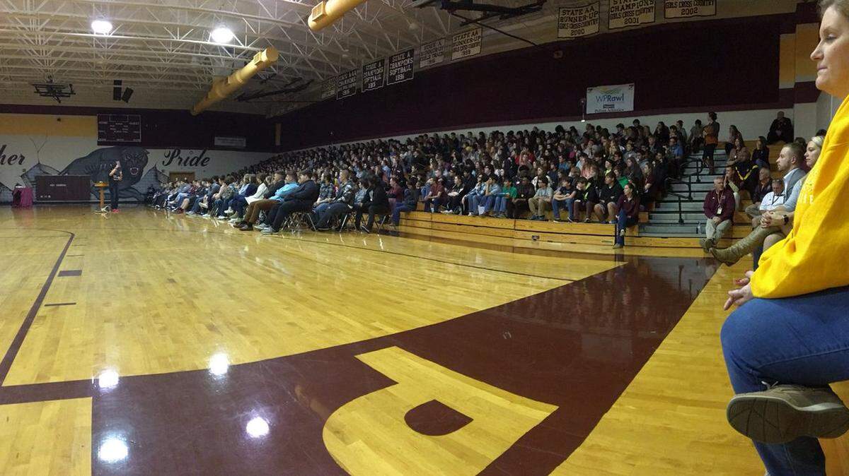 Former WWE, WCW champion Marc mero speaks at Pelion High School Tuesday.