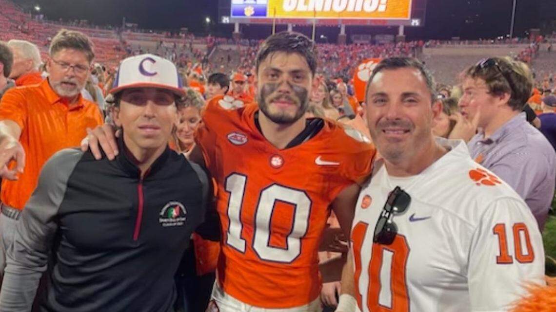Clemson football wide receiver Troy Stellato (middle) poses for a photo with his uncle, Sean Stellato (left), and his father, Eric Stellato (right), after a win against UNC earlier this season. Sean, a sports agent who represents NFL players, became an overnight viral sensation last week.