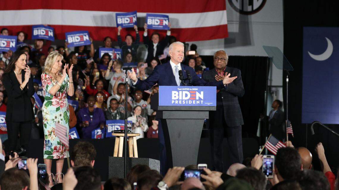 Joe Biden speaks to supporters at his victory party in Columbia, South Carolina, after winning the S.C. Democratic presidential primary. (Feb. 29, 2020)