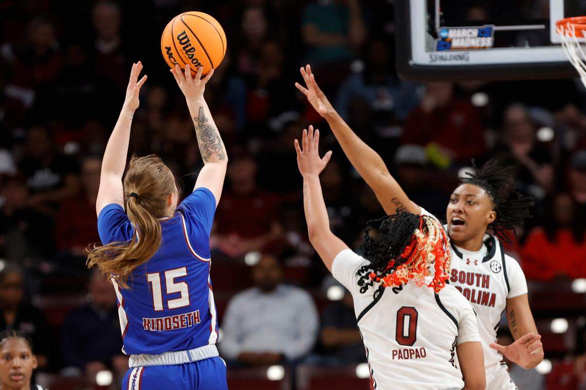 South Carolina’s Te-Hina Paopao (0) and Ashlyn Watkins (2) pressure Presbyterian’s Paige Kindseth (15) during the first half of action in the first round of the NCAA Tournament at the Colonial Life Arena in Columbia, SC, on Friday, Mar. 22, 2024