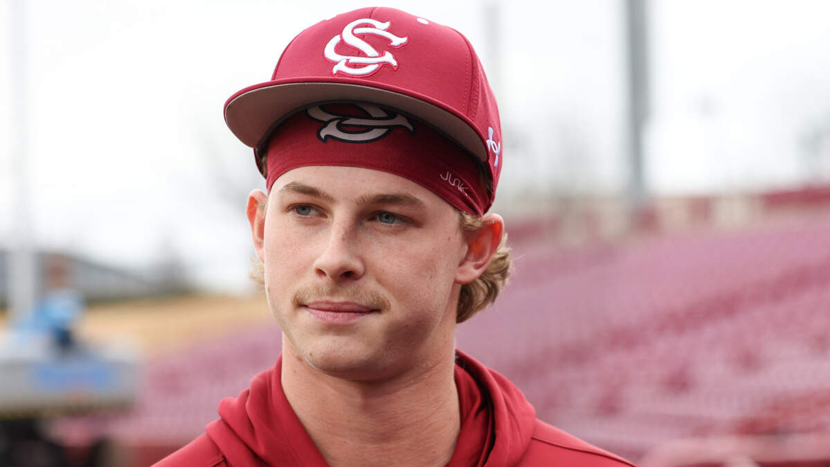 Riley Goodman (39) of South Carolina is interviewed during Media Day at Founders Park in Columbia on Thursday, January 22, 2026.