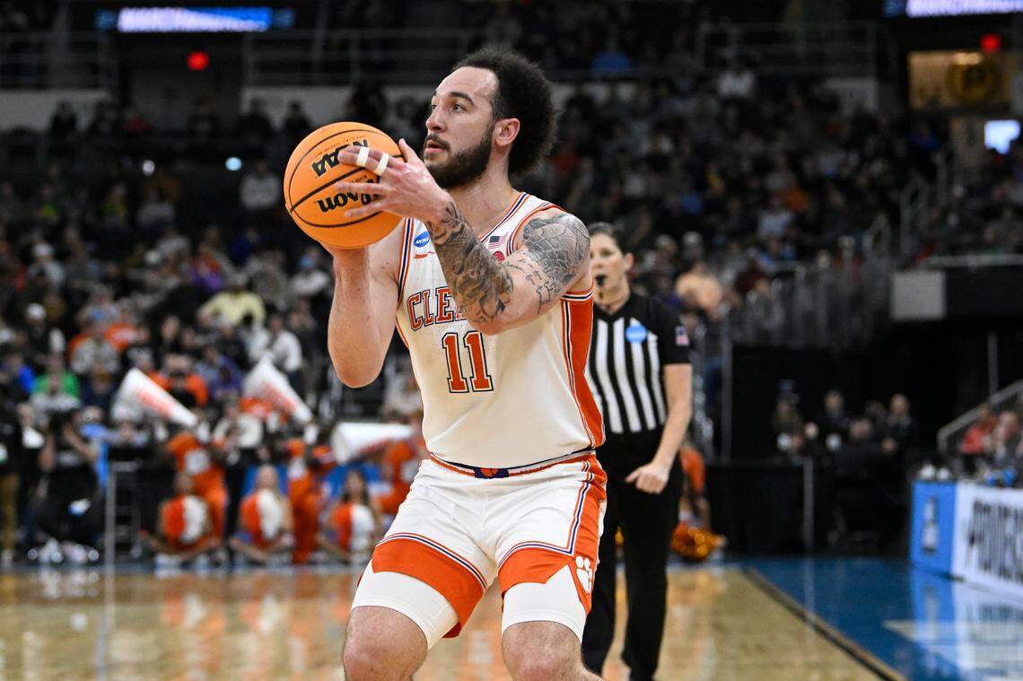 Mar 20, 2025; Providence, RI, USA; Clemson Tigers guard Jaeden Zackery (11) shoots the ball against the McNeese State Cowboys during the first half at Amica Mutual Pavilion.