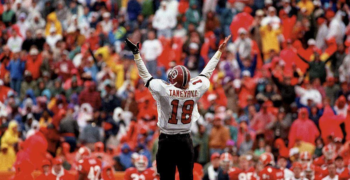 USC Steve Taneyhill taunts Clemson fans after USC beat Clemson 24-13 at Clemson in 1992.