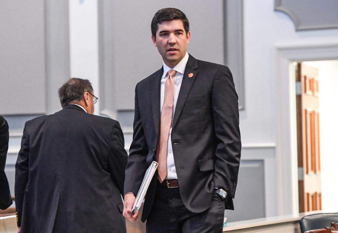 Graham Neff, Clemson University Athletic Director arrives before a hearing about Clemson and the ACC before Judge Perry H. Gravely, ruling on the university’s motion for summary judgment and the conference’s motion to dismiss, at the Pickens County Courthouse in Pickens, S.C. Friday, July 12, 2024.