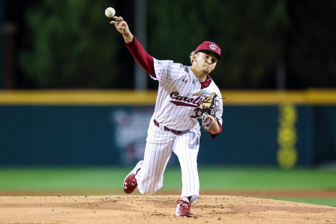 South Carolina Gamecocks pitcher Noah Hall (33) pitches against the Vanderbilt Commodores during their game at Founders Park Thursday, March 24, 2022.