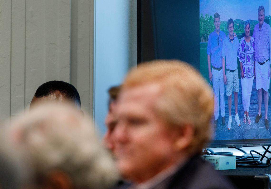 Alex Murdaugh listens to his son, Buster Murdaughs testimony during his trial at the Colleton County Courthouse in Walterboro, Tuesday, Feb. 21, 2023. Grace Beahm Alford/The Post and Courier/Pool
