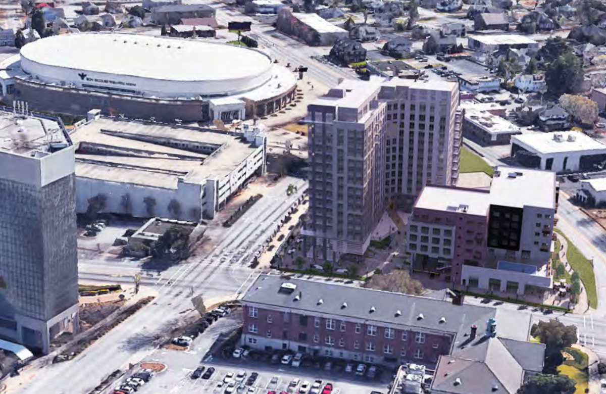 This aerial photo of downtown Greenville shows what Gracie Plaza would look like amid existing buildings. It is the tall buildings in the center. On the left is Bob Secours Wellness Arena and in the forefront is the brick Greenville County Courthouse.