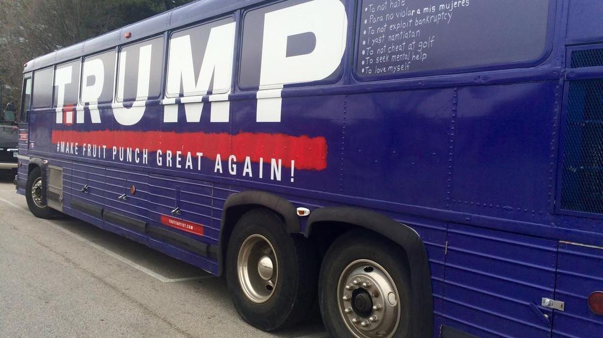 The T.RUMP bus is parked on Assembly Street next to the State House on Sunday.