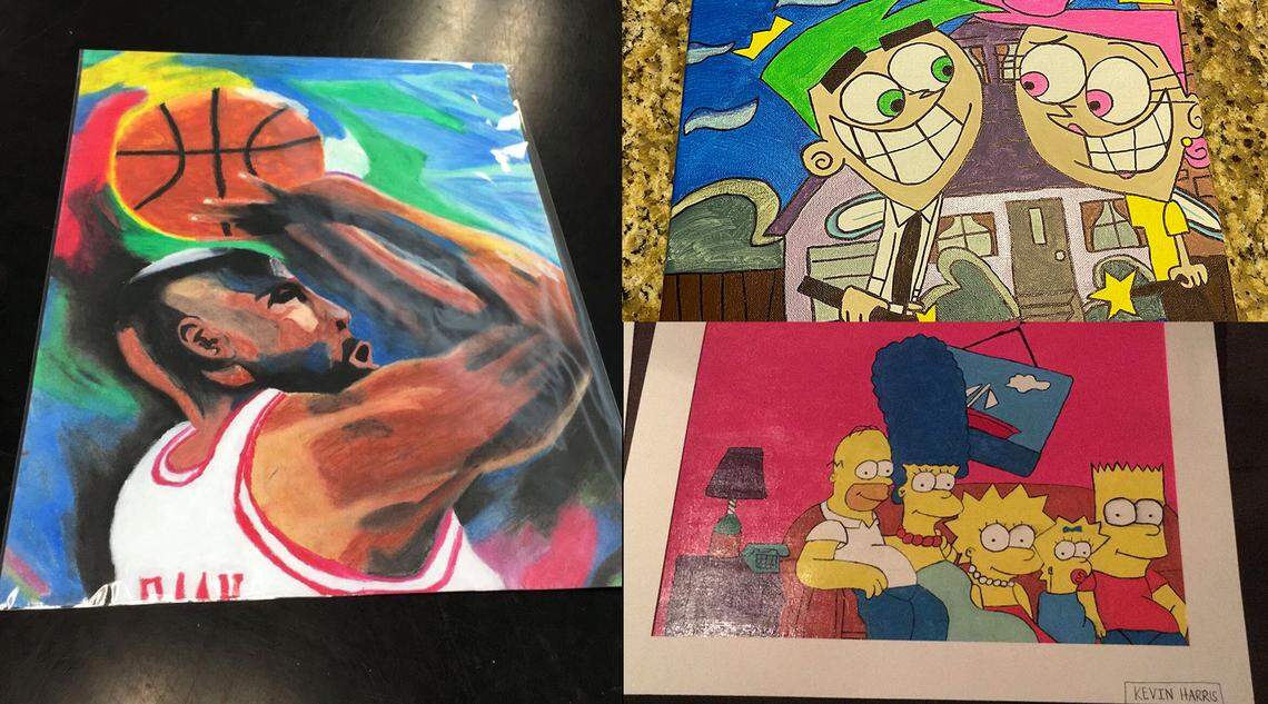 A sampling of some of Kevin Harris’ artwork. The Michael Jordan painting and Simpsons painting are from high school. The Fairly Odd Parents painting is from last year during the COVID-19. He painted it while visiting his sister in Atlanta.