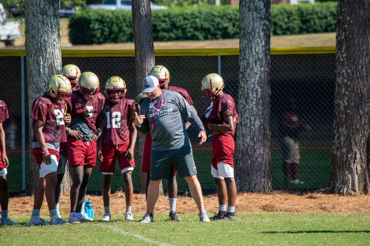 Erskine football head coach Shap Boyd gives instruction during team practice last fall. The start-up team has not yet been able to practice in 2020.