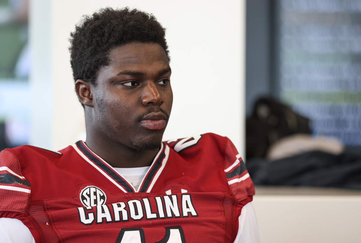 South Carolina Gamecock linebacker Bangally Kamara speaks to reporters during an interview in Columbia on Thursday, February 8, 2024.