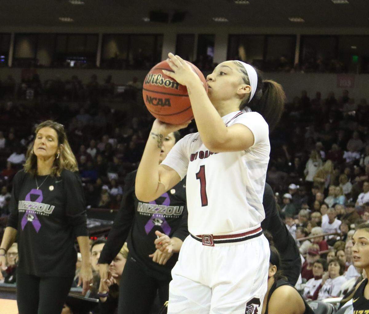 South Carolina’s Bianca Cuevas-Moore shoots the ball against Missouri at Colonial Life Arena on Jan. 21, 2019