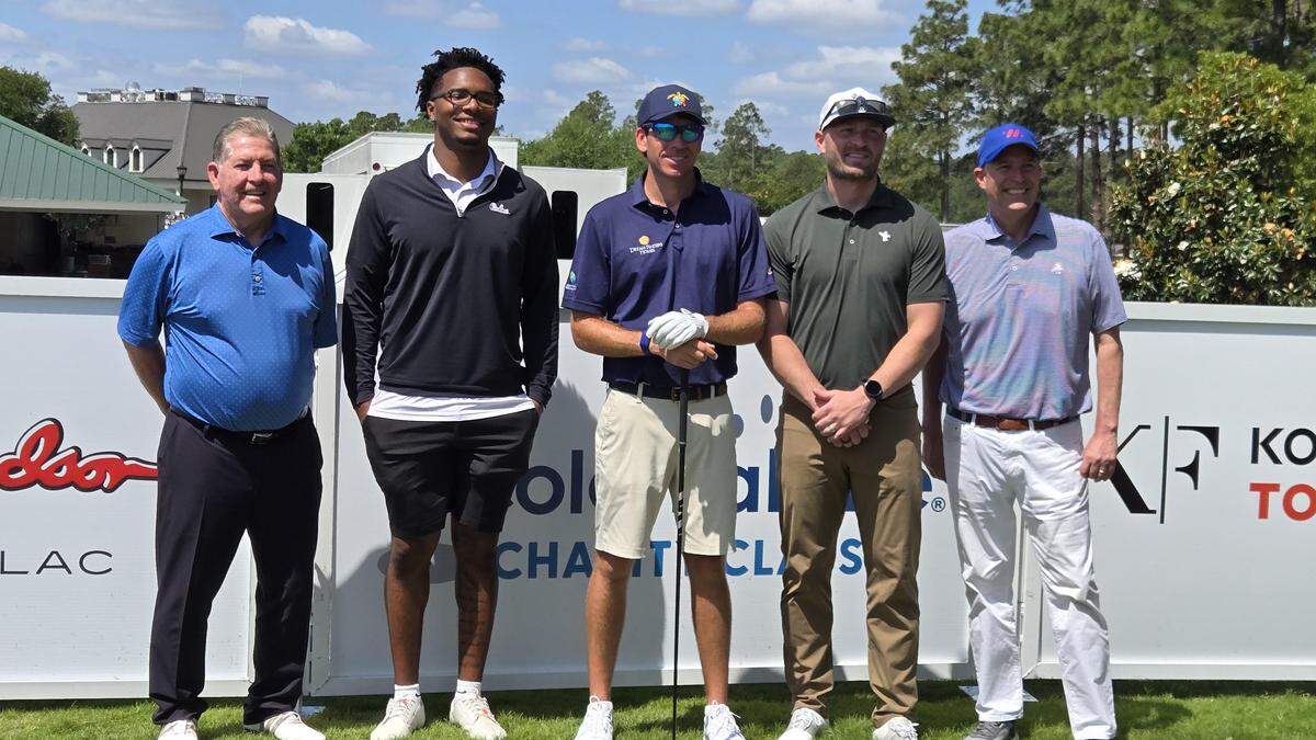 From left to right: Former South Carolina athletic director Ray Tanner, South Carolina QB LaNorris Sellers, Korn Ferry golfer Ben Kohles, former Gamecocks QB Connor Shaw and Columbia mayor Daniel Rickenmann play in the Colonial Life Charity Classic Pro-Am on Wednesday, May 13, 2026, at Woodcreek Club.