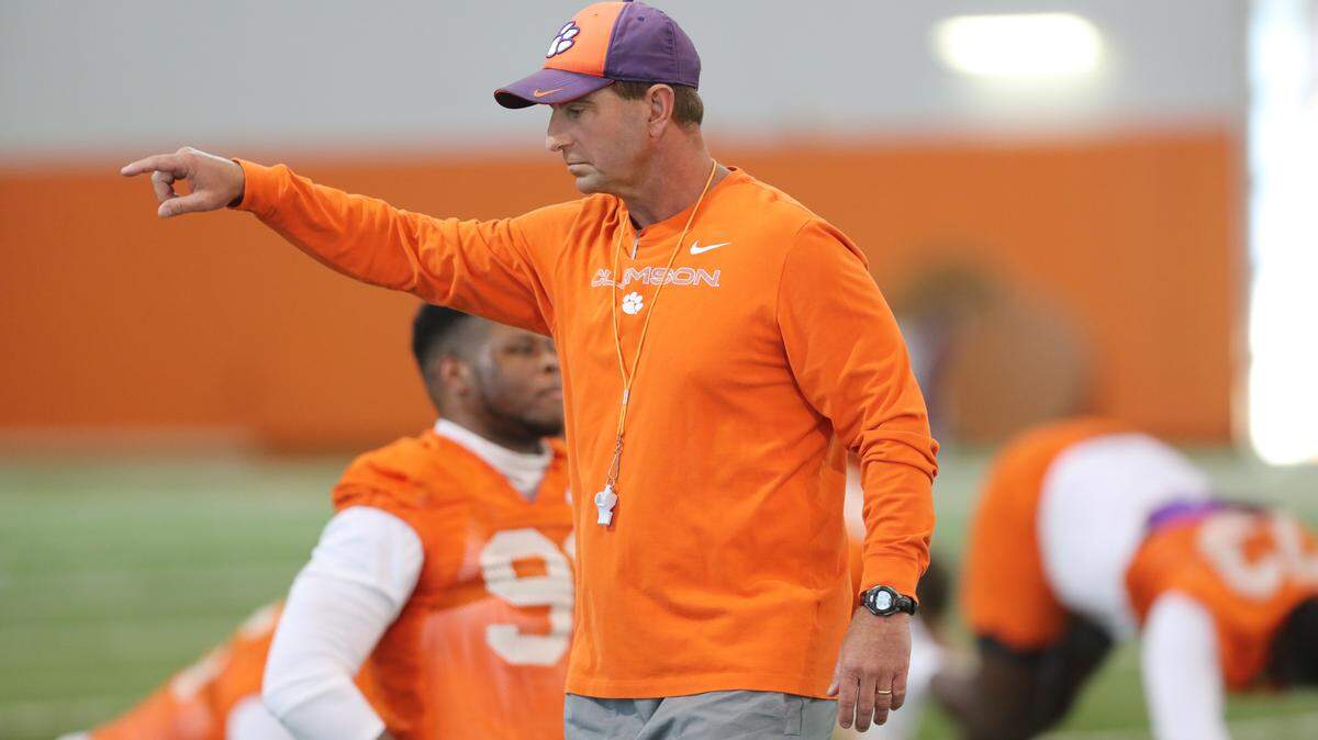 Clemson football’s Dabo Swinney at spring practice March 2, 2022.