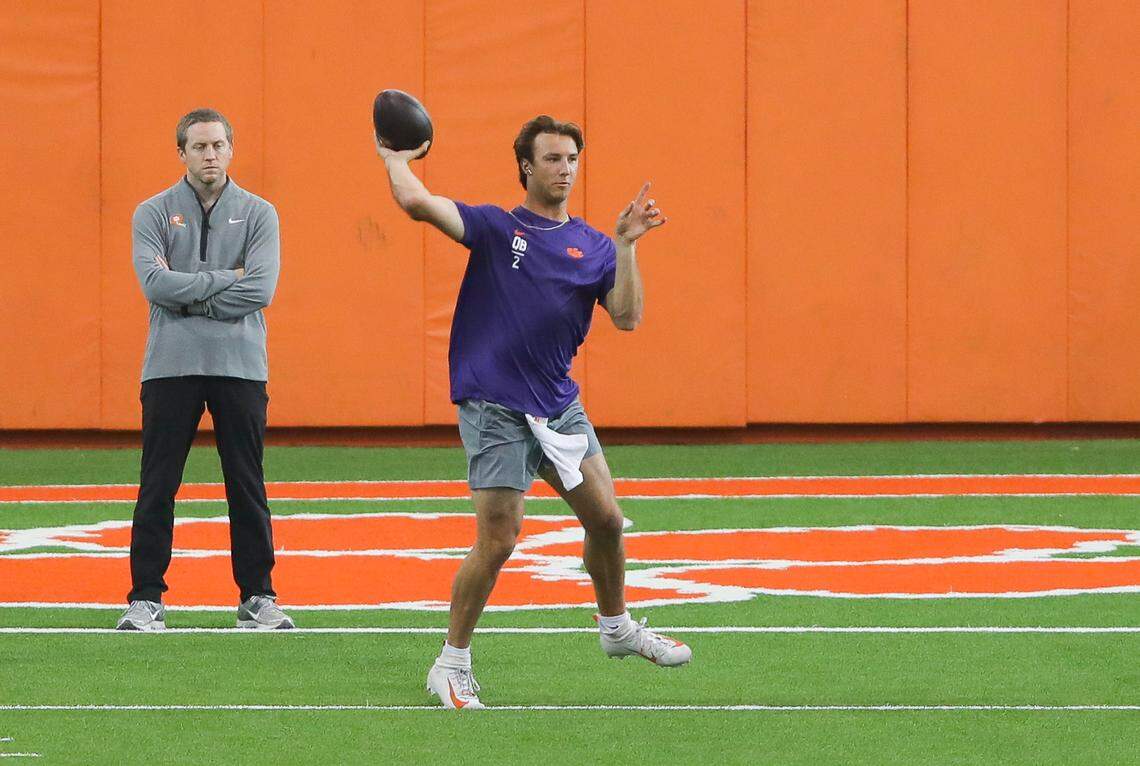 Clemson quarterback Cade Klubnik (2) throws a pass during the team’s 2026 NFL pro day at the Poe Indoor Practice Facility on Thursday, March 12, 2026.