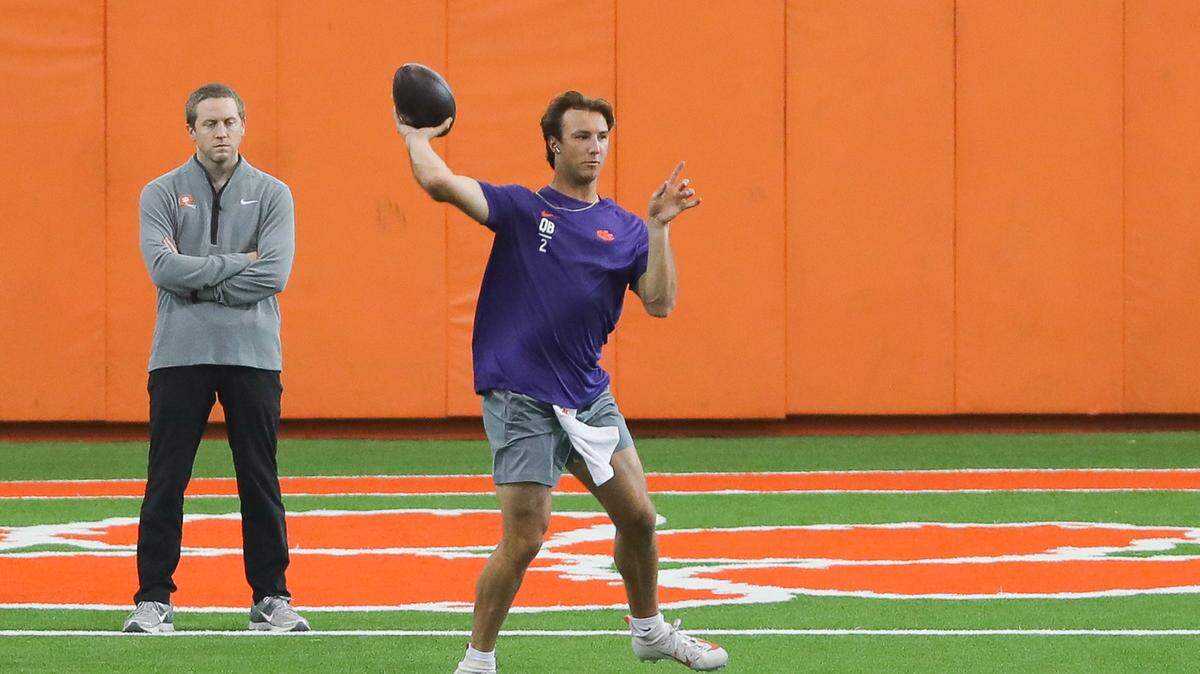 Clemson quarterback Cade Klubnik (2) throws a pass during the team’s 2026 NFL pro day at the Poe Indoor Practice Facility on Thursday, March 12, 2026.