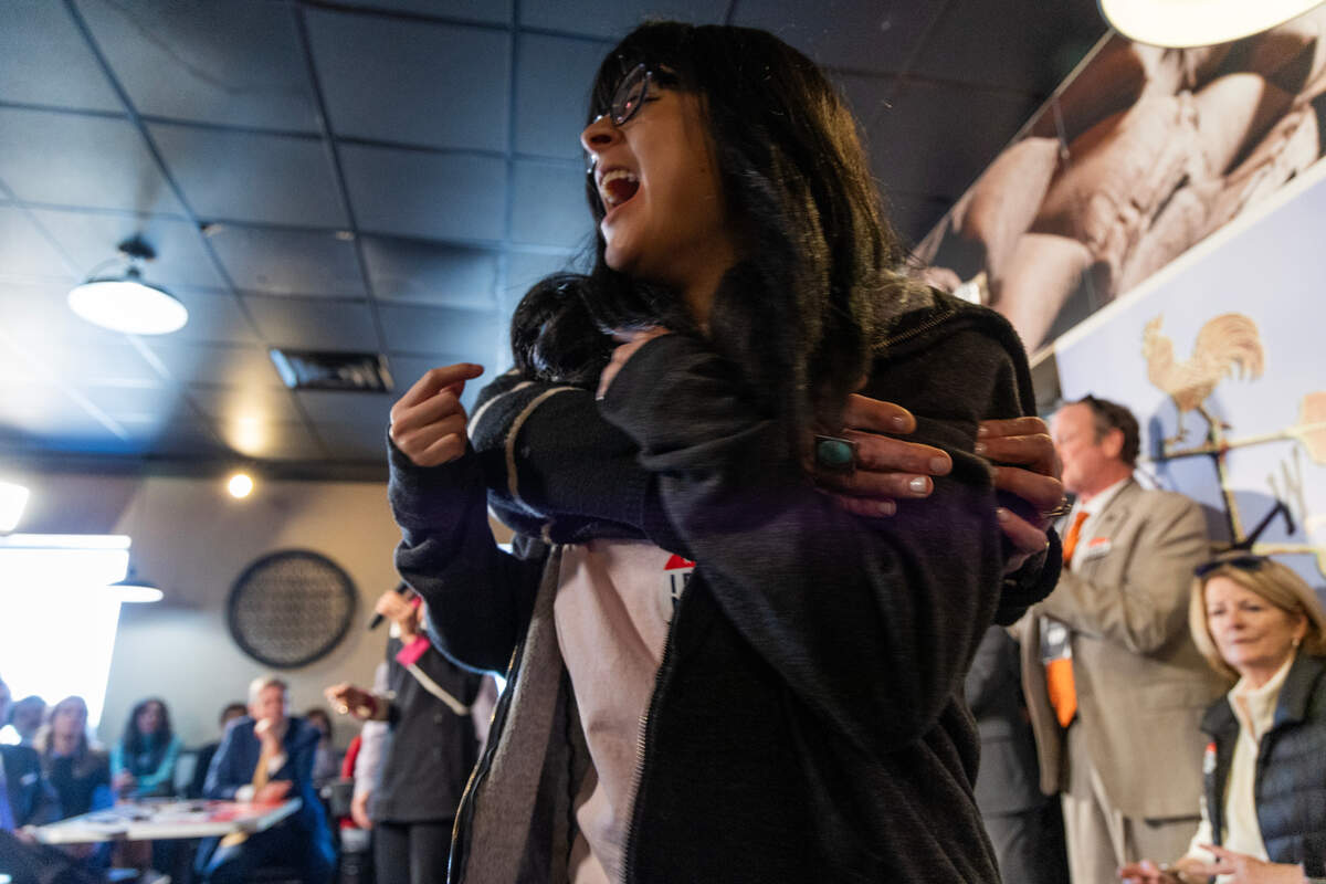 A protestor is restrained while interrupting a campaign event to Republican primary candidate for president and former South Carolina governor Nikki Haley at Doc’s Barbeque on Thursday, February 1, 2024. Protestors chanted “Free Palestine” while being removed by a mix of audience members and security.