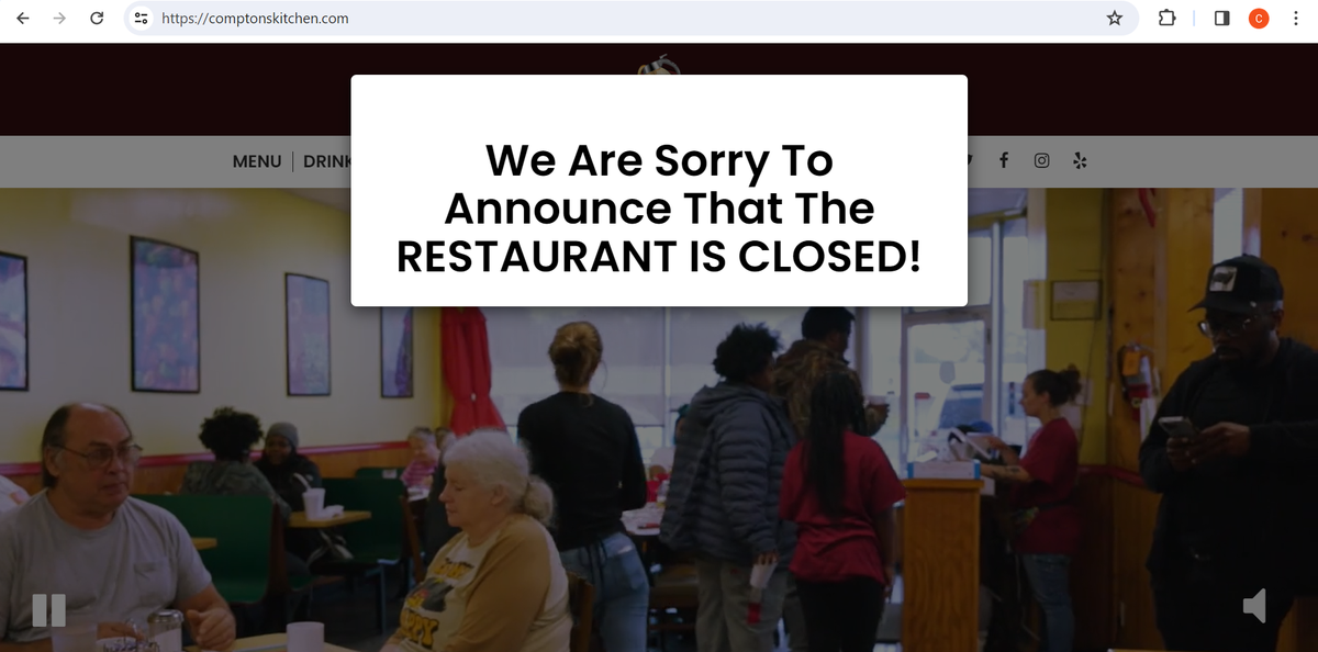 The website of Compton’s Kitchen displays a message on Feb. 21, 2024 that the restaurant is closed.
