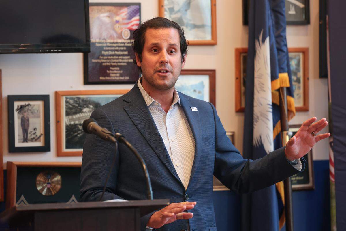 State Sen. Josh Kimbrell, R-Spartanburg, speaks on Monday, Sept. 15, 2025 during a meeting of Moms for Liberty at The Flight Deck in Lexington. Kimbrell is running for South Carolina Governor in 2026.