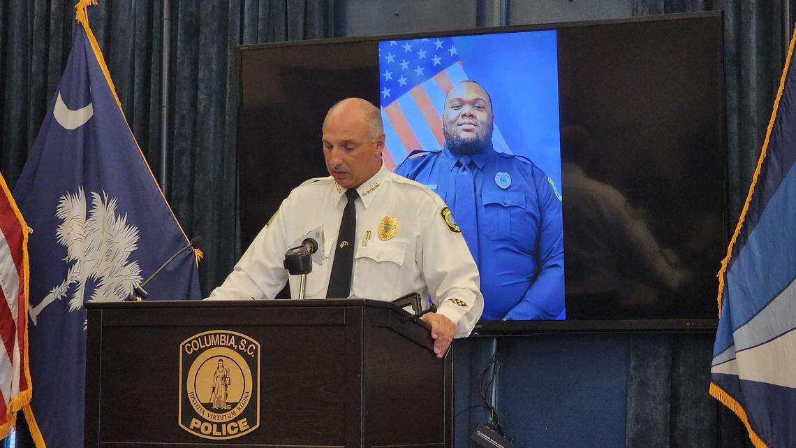 Columbia Police Chief Skip Holbrook holds a news conference on Wednesday, March 12, 2025, detailing the arrest of a former officer charged with assault and battery and misconduct in office.