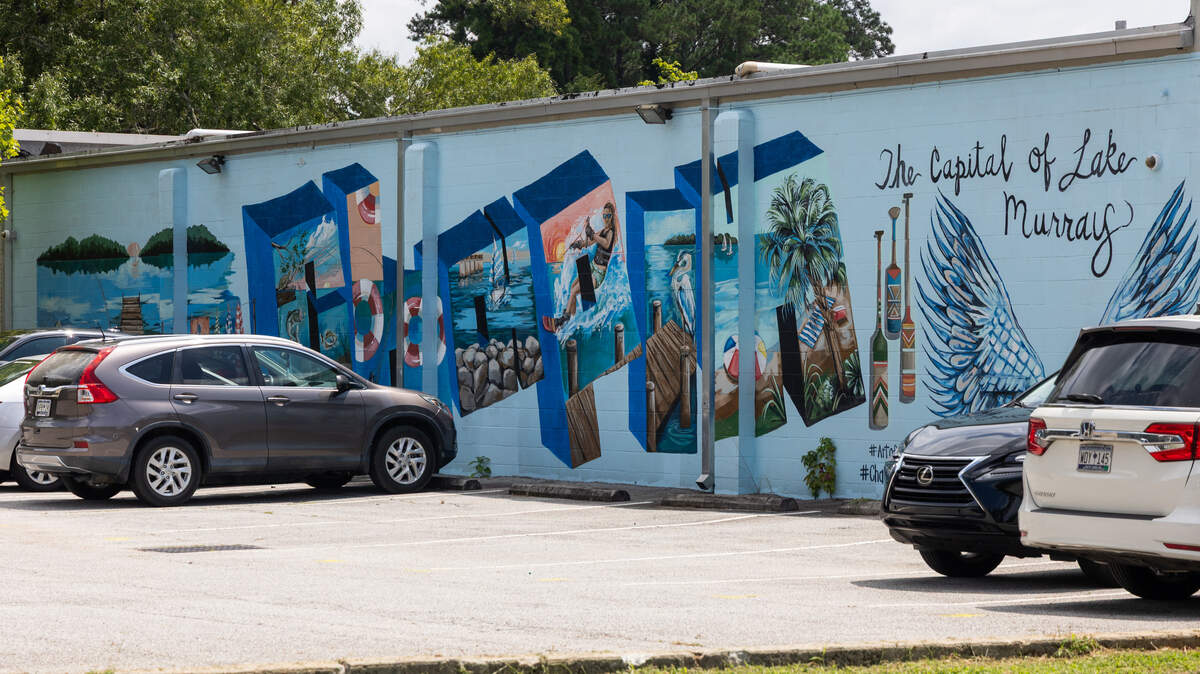 A mural celebrating “The Capital of Lake Murray” in Chapin, South Carolina, on Wednesday, August 20, 2025.