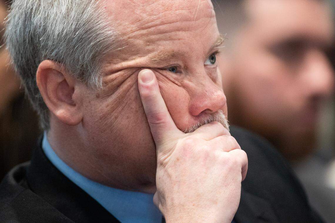 Prosecutor Creighton Waters listens to defense attorney Dick Harpootlian during Alex Murdaugh’s trial for murder at the Colleton County Courthouse on Tuesday, Feb. 28, 2023. Joshua Boucher/The State/Pool