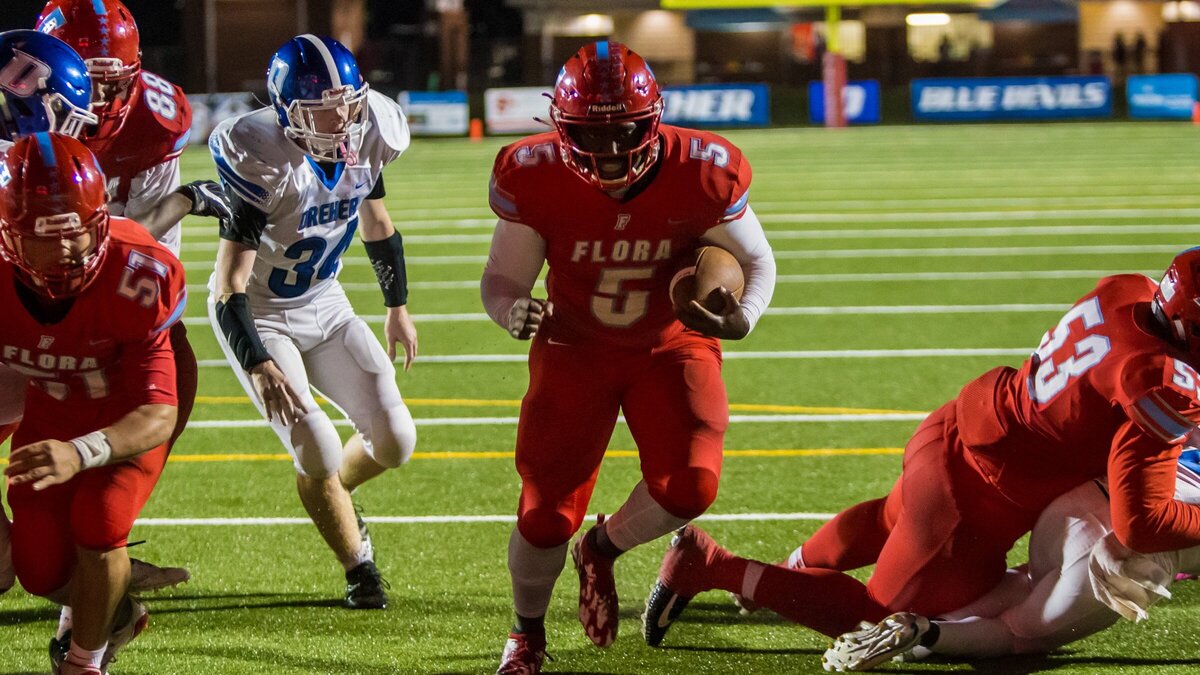 A.C. Flora’s Joshua Heatley (5) had two TD passes and TD catch in the Falcons’ playoff loss to Wren on Nov. 16, 2018.