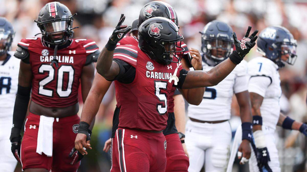 South Carolina running back Raheim Sanders (5) celebrates a touchdown during the first half of the Gamecocks’ season opener against Old Dominion in Columbia on Saturday, August 31, 2024.