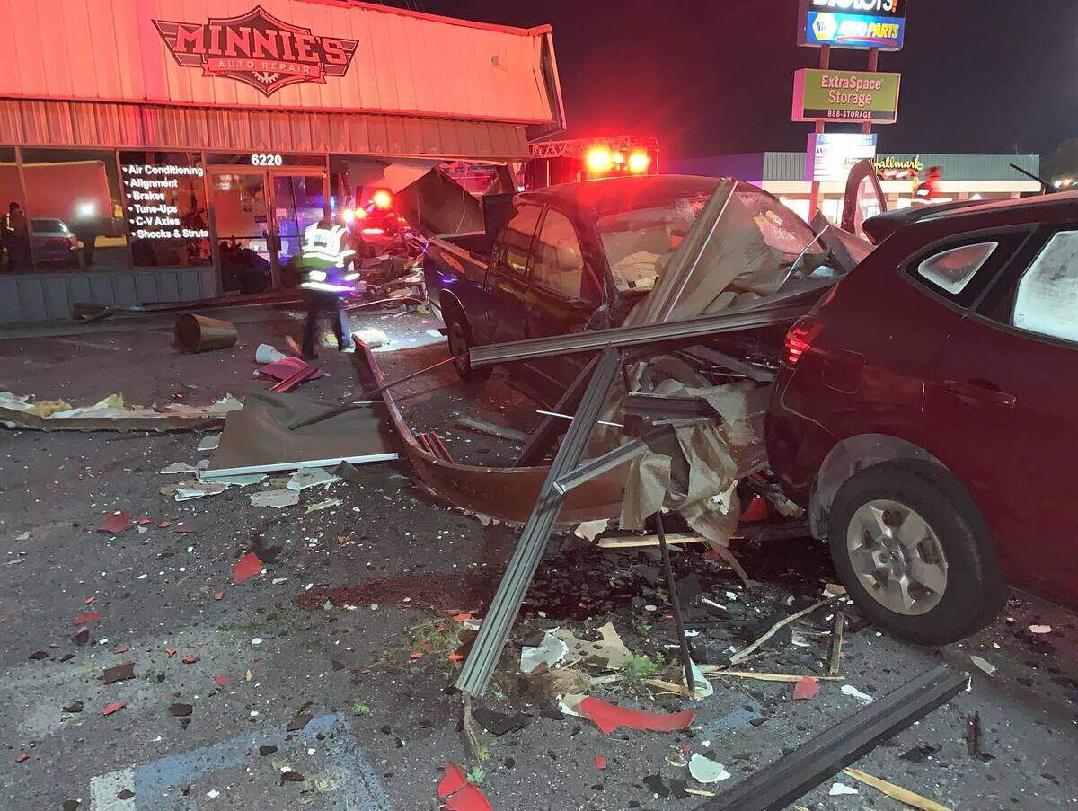 A business was substantially damaged after a truck crashed through it, according to the Irmo Fire District.