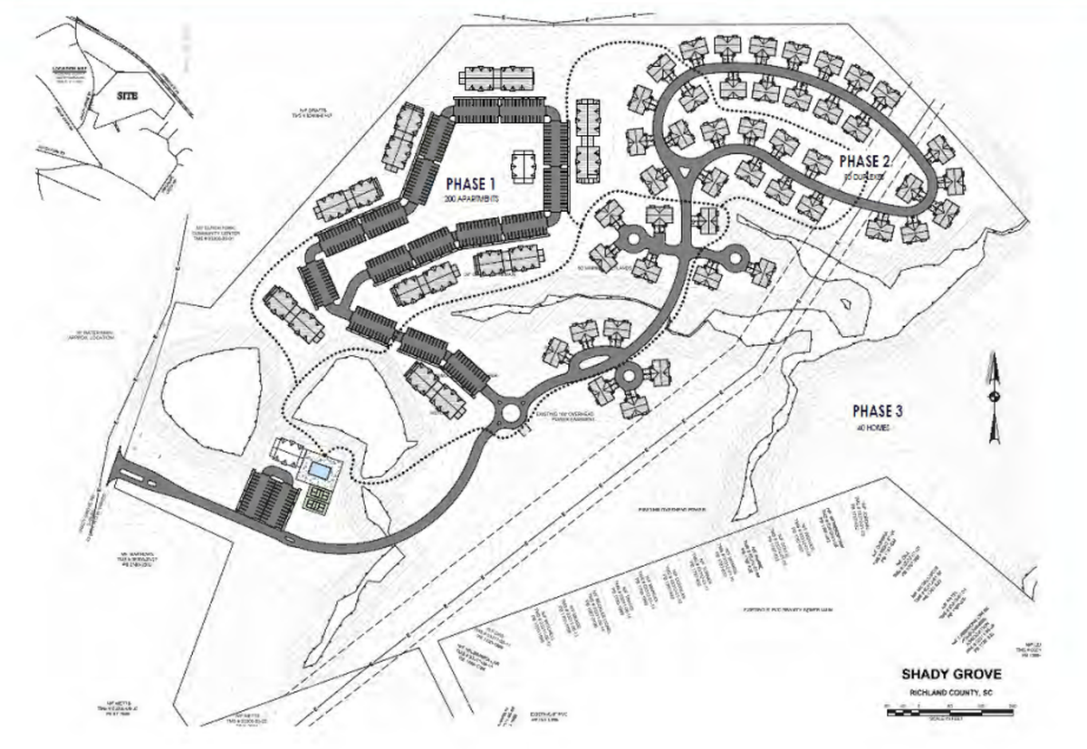 The outline of a planned development in Irmo that would include apartments, duplexes and detached family homes plus recreational amenities.