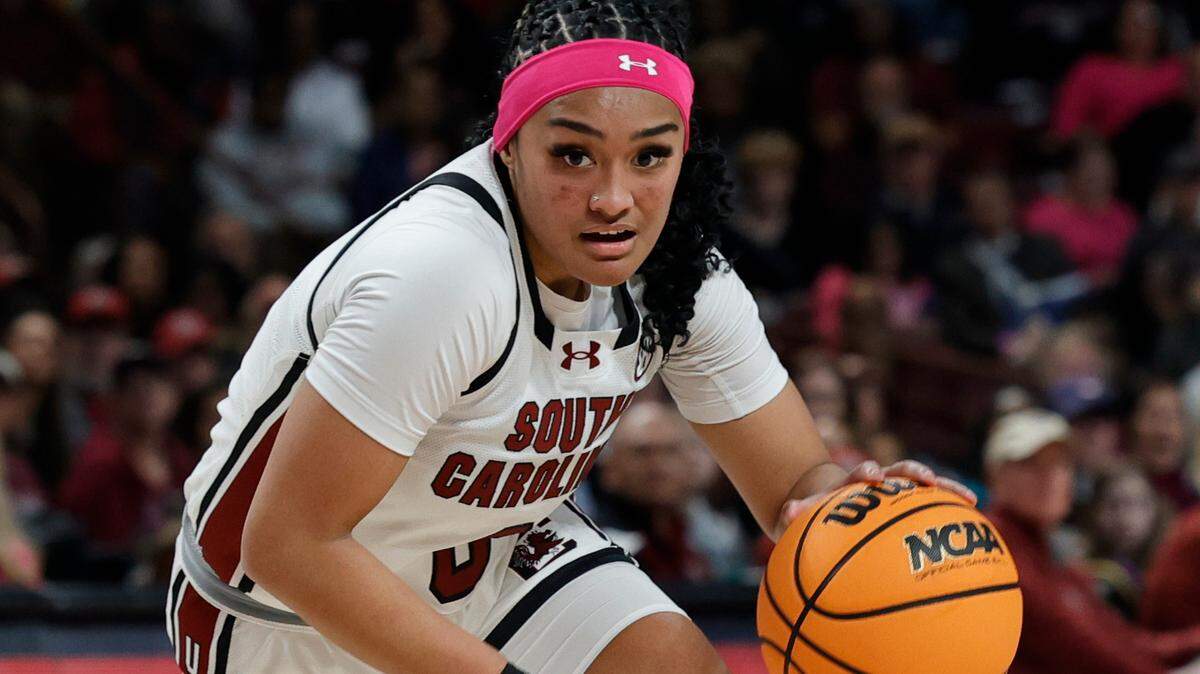 South Carolina’s Te-Hina Paopao (0) moves down court during the first half of action against Ole Miss in the Colonial Life Arena on Sunday, Feb. 4, 2024.