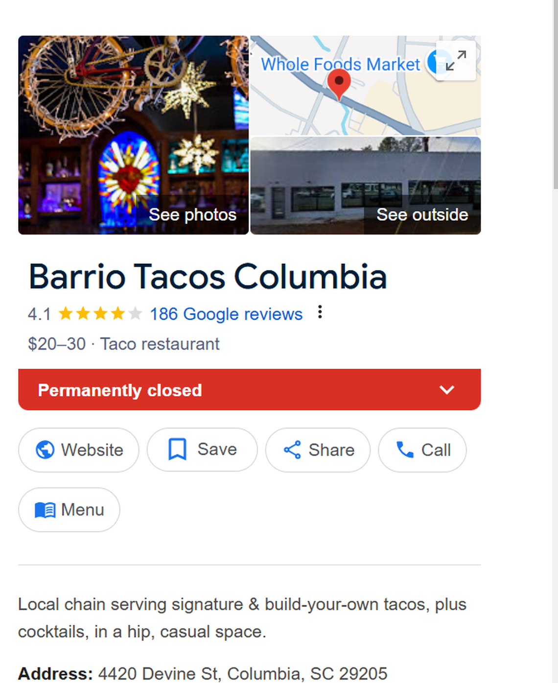 A Google listing shows Barrio Tacos on Devine Street as closed.