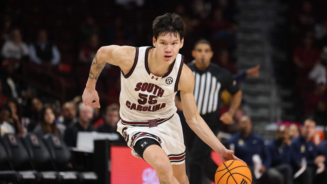 South Carolina guard Mike Sharavjamts (55) is seen during the men's basketball game against North Carolina A&T at Colonial Life Arena on Tuesday, Nov. 4, 2025.