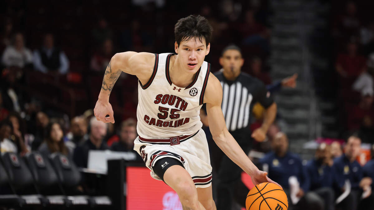 South Carolina guard Mike Sharavjamts (55) is seen during the men's basketball game against North Carolina A&T at Colonial Life Arena on Tuesday, Nov. 4, 2025.