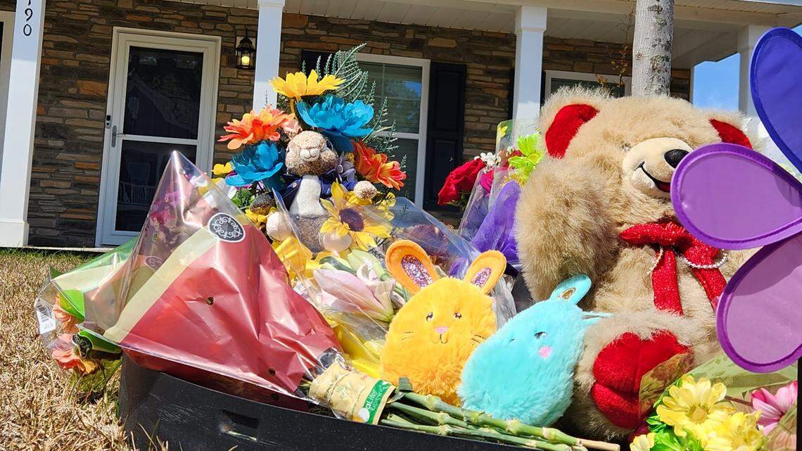 A memorial of stuffed animals stands in the yard at 190 Whitetail Circle in Sumter, where five people died March 21 in what investigators have called a murder-suicide. Three of the deceased were children between the ages of 5 and 11.