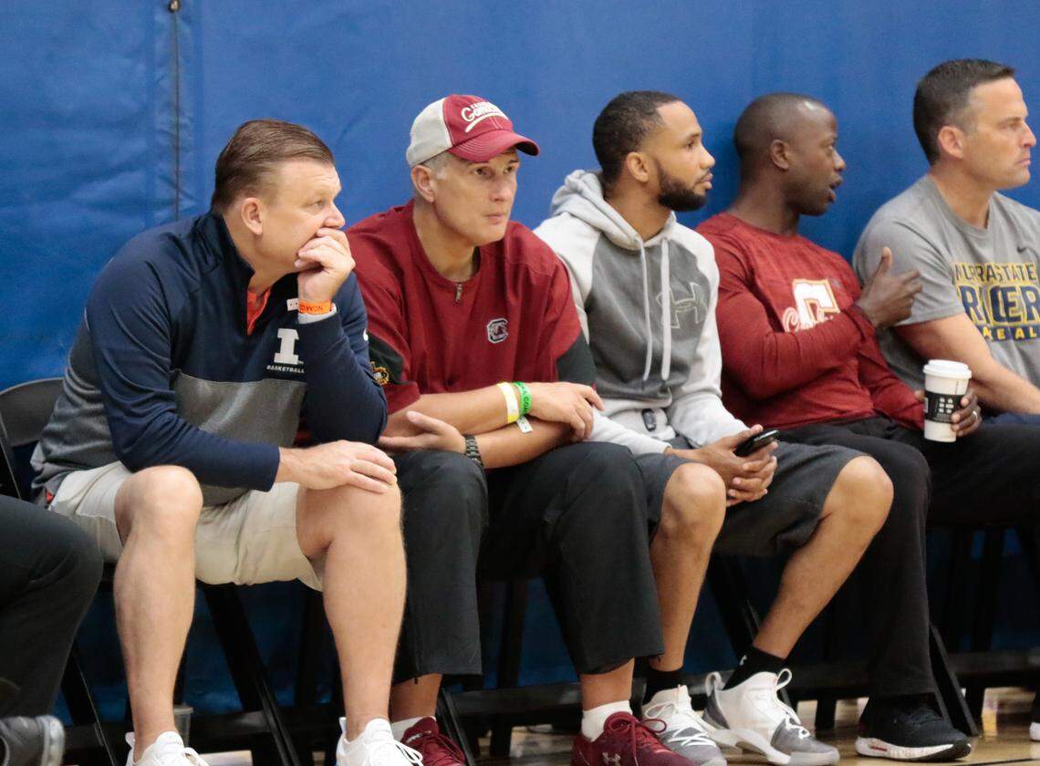 University of South Carolina head basketball coach Frank Martin watches Wendell Moore during the Peach Jam at the Riverview Park Activities Center in North Augusta.  7/12/18