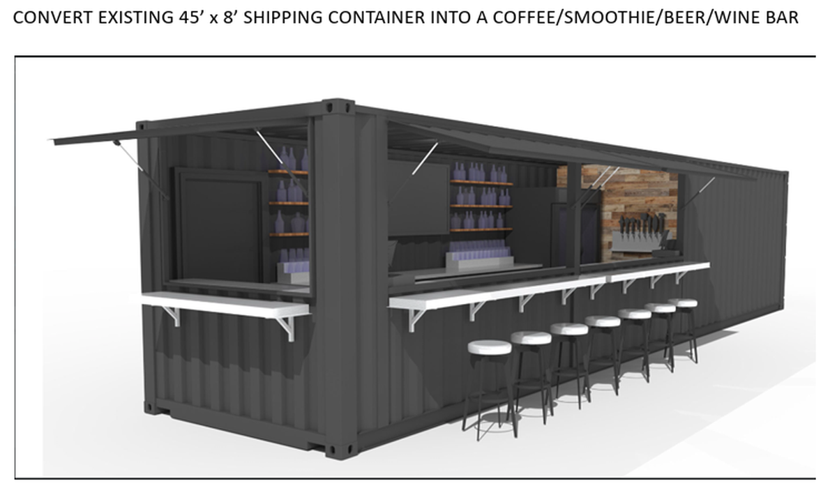 Developer Adam Bergeson has pitched building a bar, dog park and food truck court at a used car lot near North Main Street. Here is a rendering of what the converted shipping container that will hold the bar could look like.