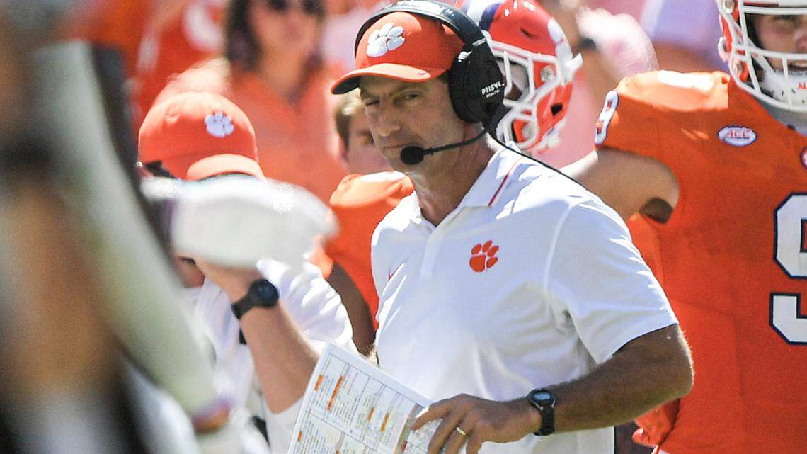 Sep 23, 2023; Clemson, South Carolina, USA; Clemson Tigers head coach Dabo Swinney reacts during the third quarter against the Florida State Seminoles at Memorial Stadium. Mandatory Credit: Ken Ruinard-USA TODAY Sports