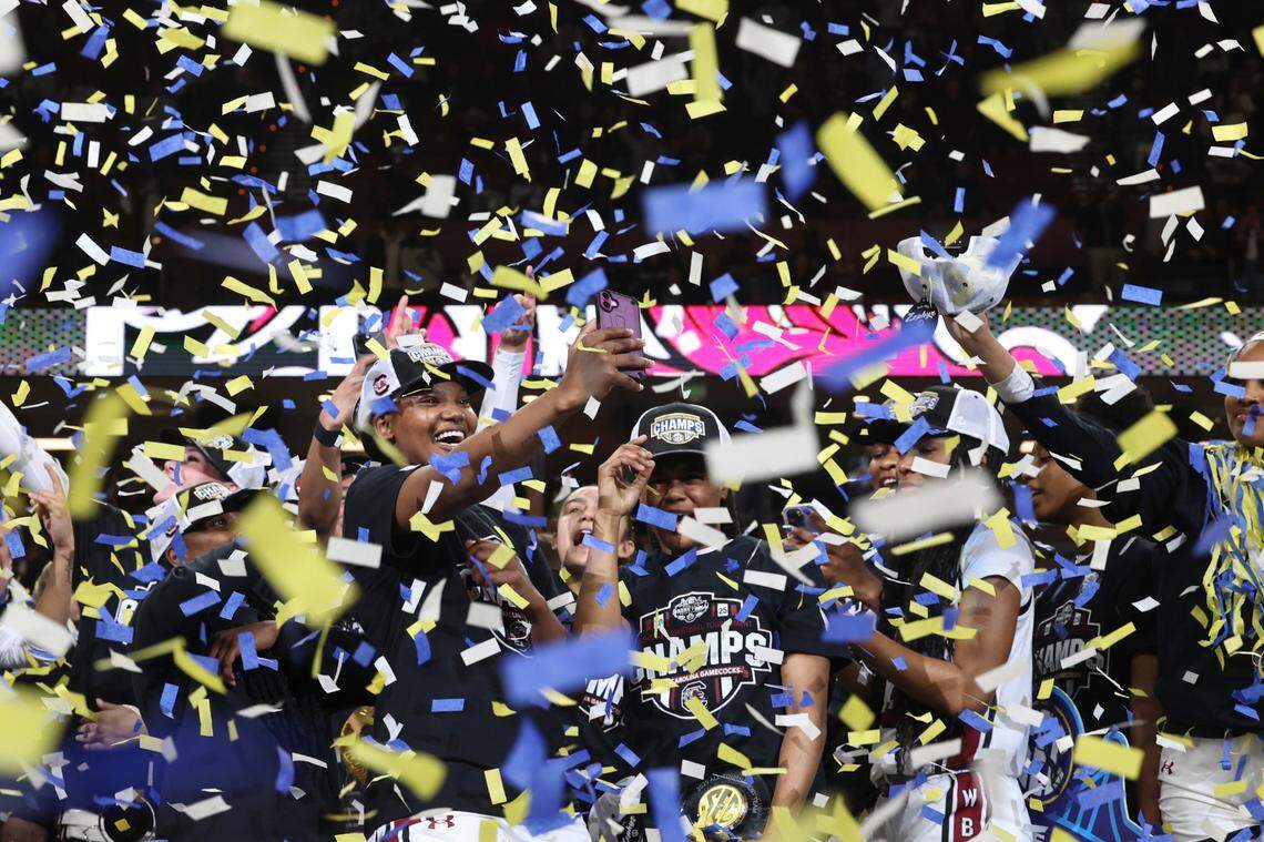 The Gamecocks celebrate winning the SEC Tournament at the Bon Secours Wellness Arena in Greenville on Sunday, March 9, 2025. The University of South Carolina beat Texas, 64-45 to claim their 9th SEC Championship win.