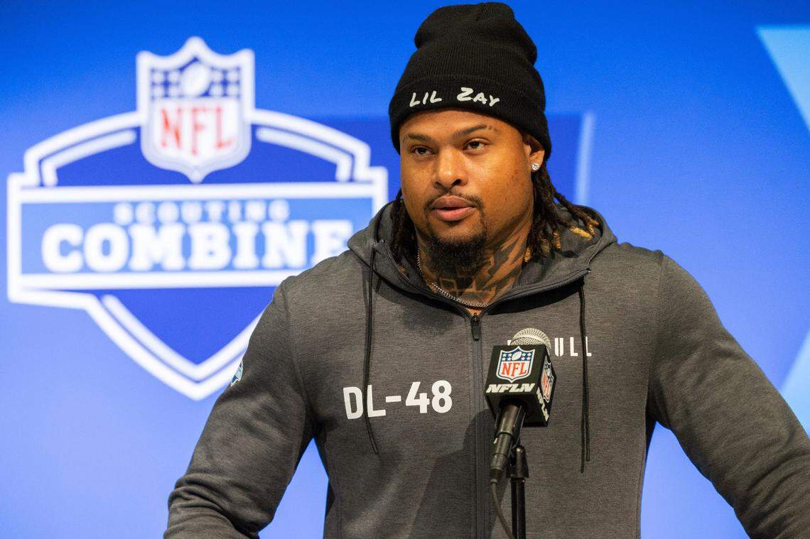 Feb 28, 2024; Indianapolis, IN, USA; Clemson defensive lineman Xavier Thomas (DL48) talks to the media at the 2024 NFL Combine at Indiana Convention Center.