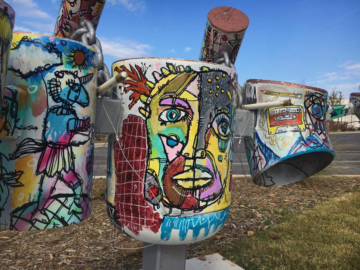 Painted drums by Justin Vorhis, Michael Krajewski and Lucas Sams are in West Columbia’s Interactive Art Park on State Street.