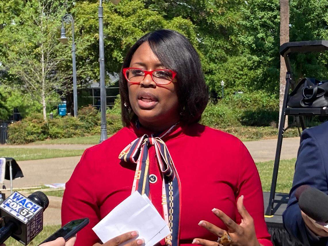 South Carolina Rep. Krystle Matthews, D-Ladson, announces she will run for U.S. Senate in 2022 against Republican U.S. Sen. Tim Scott during a news conference on Tuesday, April 13, 2021, in Columbia, South Carolina. Matthews said she thinks she can register 150,000 new voters to help her beat the incumbent.