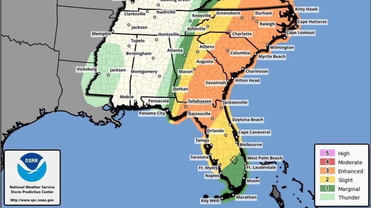 Severe weather is forecast for Columbia and much of South Carolina, according to the National Weather Service.