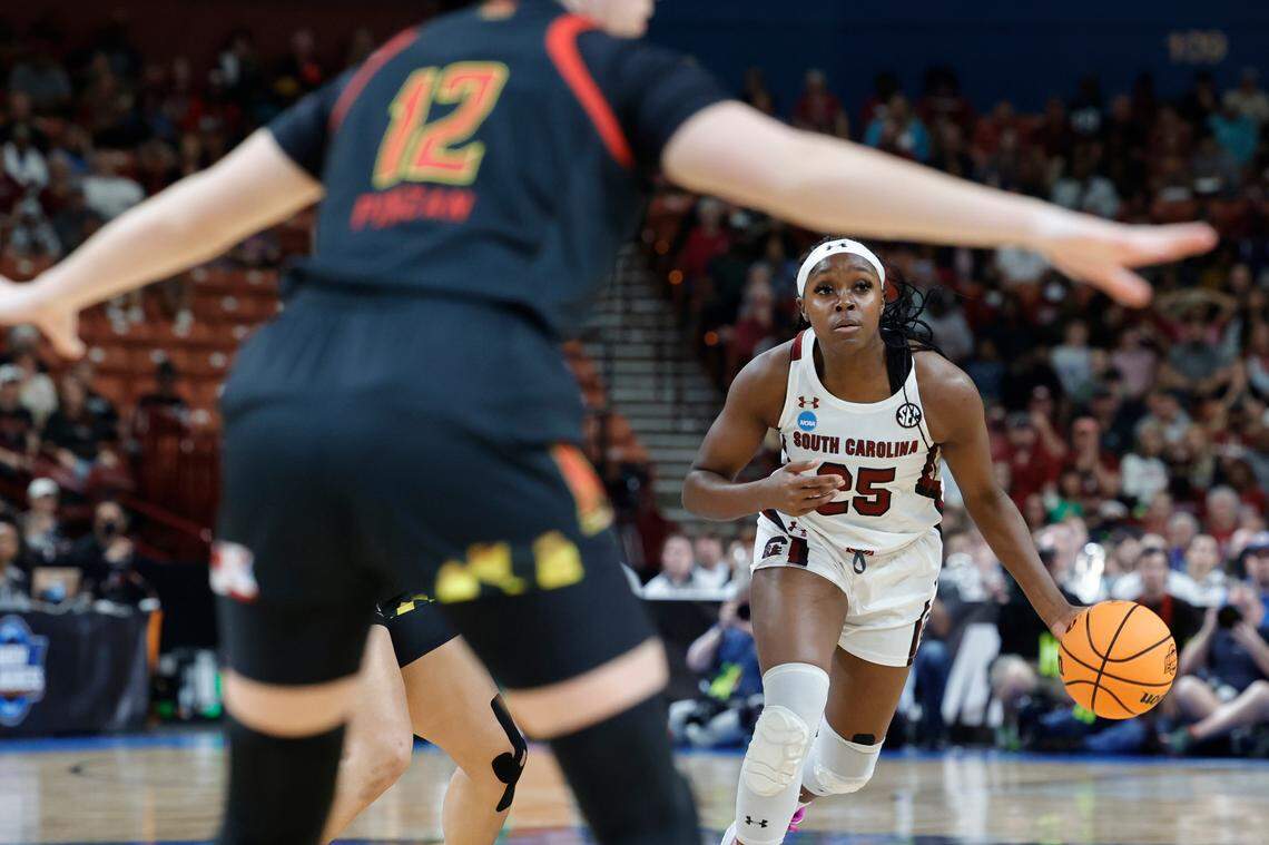 South Carolina Gamecocks guard Raven Johnson (25) plays Maryland at the Bon Secours Wellness Arena in Greenville, South Carolina on Monday, March 27, 2023.